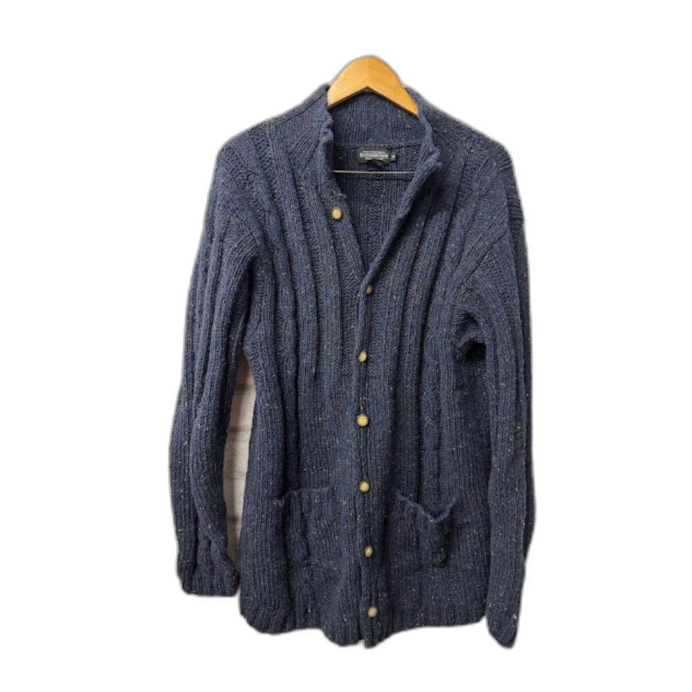 The J. Peterman Company Cardigan Sweater Medium Blue Wool Speckle Cable Knit